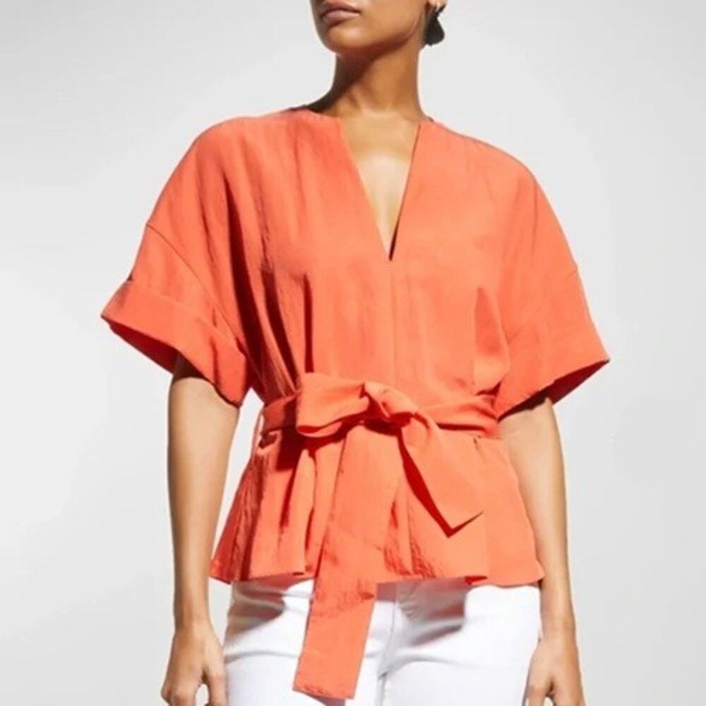 Vince Coral Orange Tencel Lyocell Cuffed Vneck Belted Blouse XS NEW